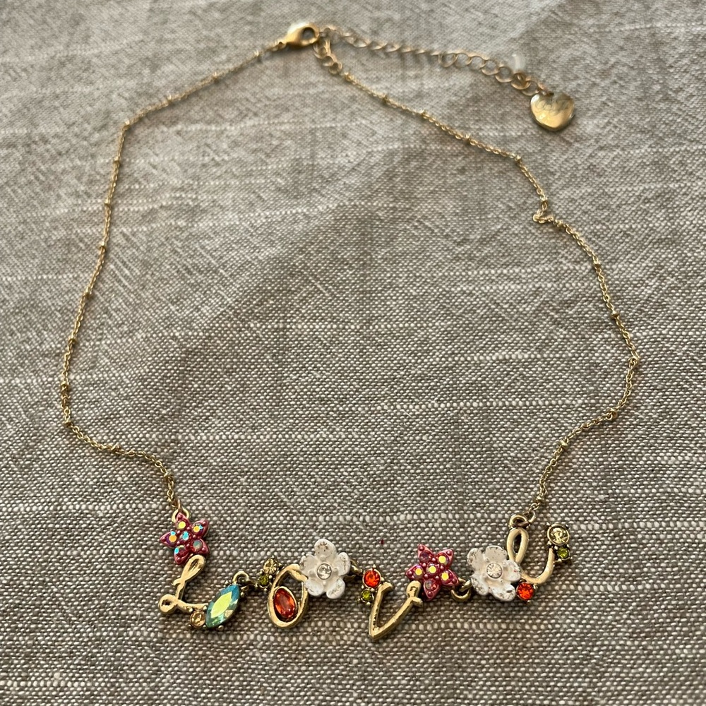 Vintage Betsey Johnson Gold and Pink Love Necklace with Nature-Inspired Charms - Picture 5 of 12
